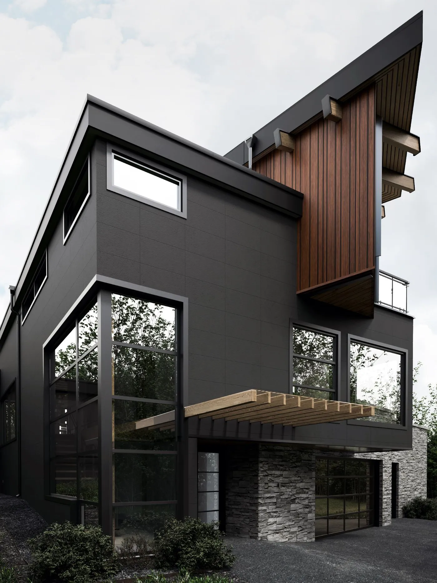 Bearspaw custom home rendering — rear cedar tower