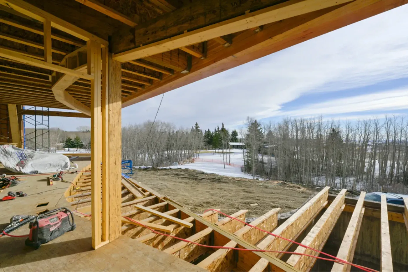 Home framing open exterior wall winter rural view